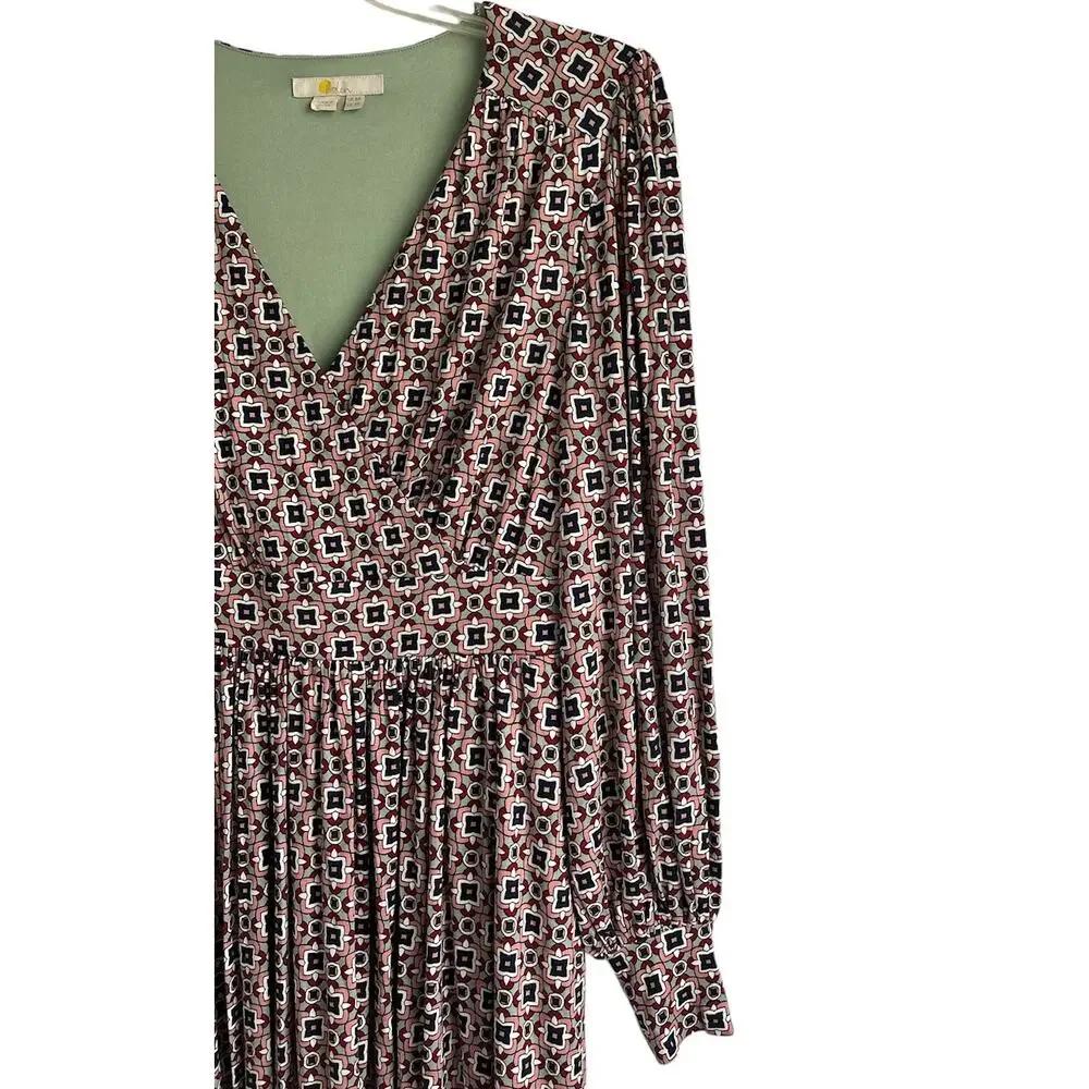 Boden Women’s Size 4R Fixed Wrap Jersey Midi Dress Almond Pink Square Geo Print‎